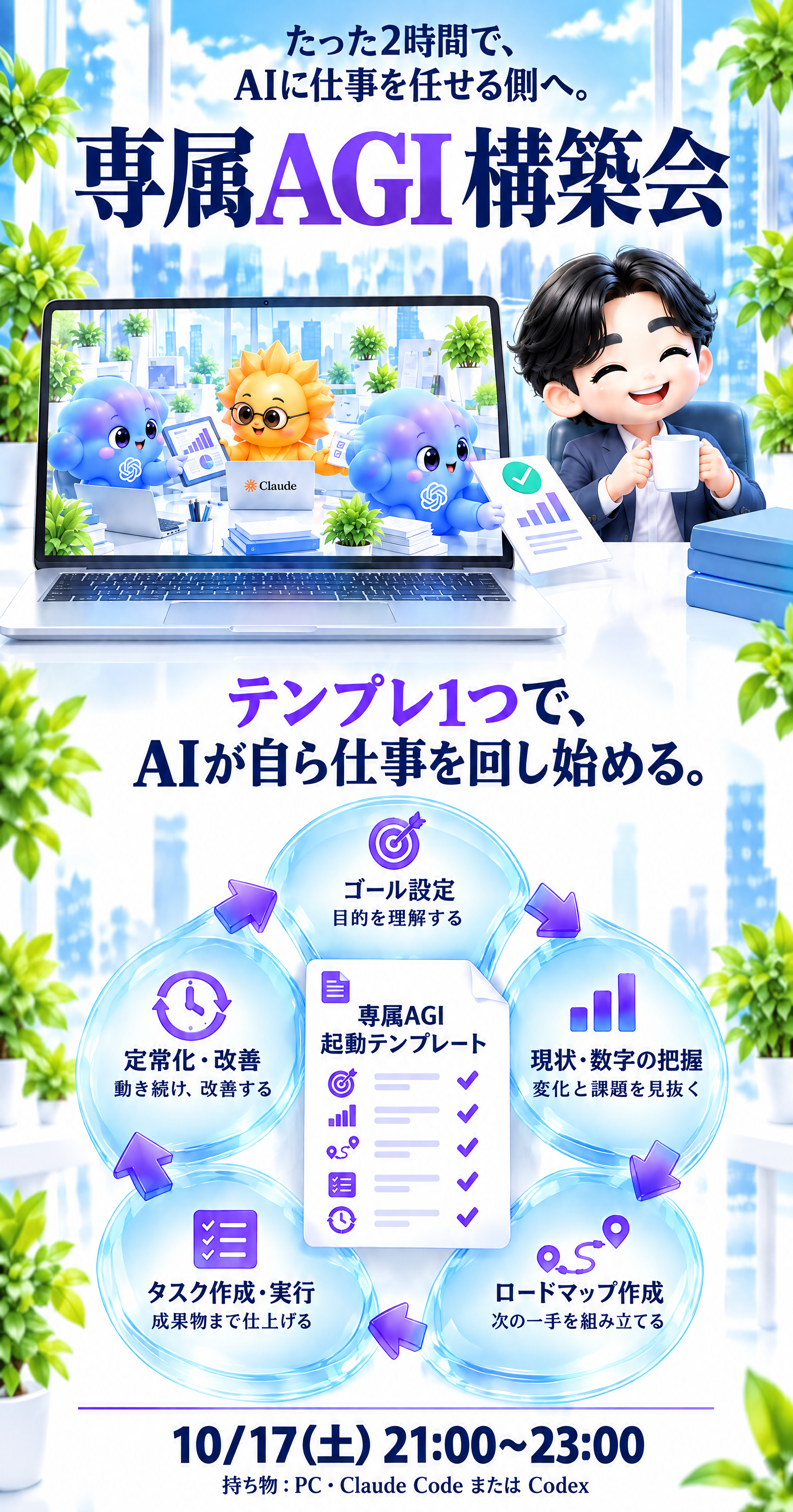 たった2時間で、AIに仕事を任せる側へ。専属AGI構築会。テンプレ1つで、AIが自ら仕事を回し始める。専属AGI起動テンプレートで、ゴール設定・現状と数字の把握・ロードマップ作成・タスク作成と実行・定常化と改善。10/17（土）21:00〜23:00。持ち物：PC・Claude CodeまたはCodex。