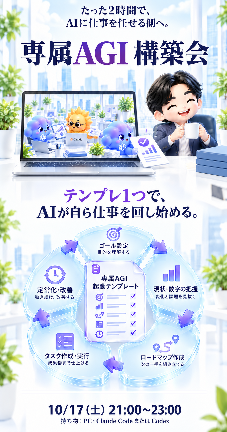 たった2時間で、AIに仕事を任せる側へ。専属AGI構築会。テンプレ1つで、AIが自ら仕事を回し始める。専属AGI起動テンプレートで、ゴール設定・現状と数字の把握・ロードマップ作成・タスク作成と実行・定常化と改善。10/17（土）21:00〜23:00。持ち物：PC・Claude CodeまたはCodex。