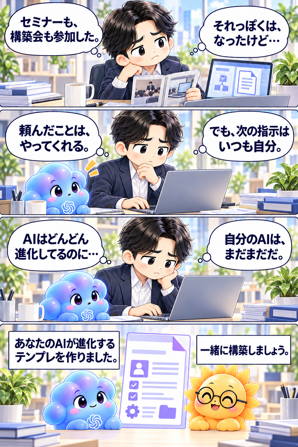 構築会への4コマ。セミナーも、構築会も参加した。それっぽくは、なったけど…。頼んだことは、やってくれる。でも、次の指示はいつも自分。AIはどんどん進化してるのに…。自分のAIは、まだまだだ。あなたのAIが進化するテンプレを作りました。一緒に構築しましょう。
