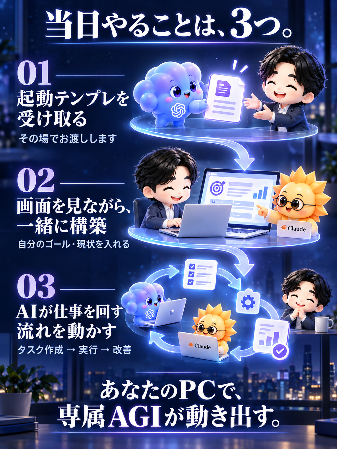 当日やることは、3つ。01 起動テンプレを受け取る。その場でお渡しします。02 画面を見ながら、一緒に構築。自分のゴール・現状を入れる。03 AIが仕事を回す流れを動かす。タスク作成、実行、改善。あなたのPCで、専属AGIが動き出す。